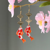 Koi Fish Dangle Earrings, Goldfish Earrings, Fish and Fan Dangle Earrings, Japanese Fan and fish Earrings